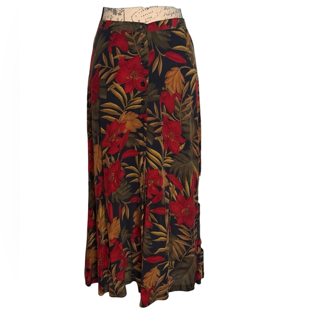Jones New York Petite Silk Tropical Print Maxi Skirt Button Slit Size 12P